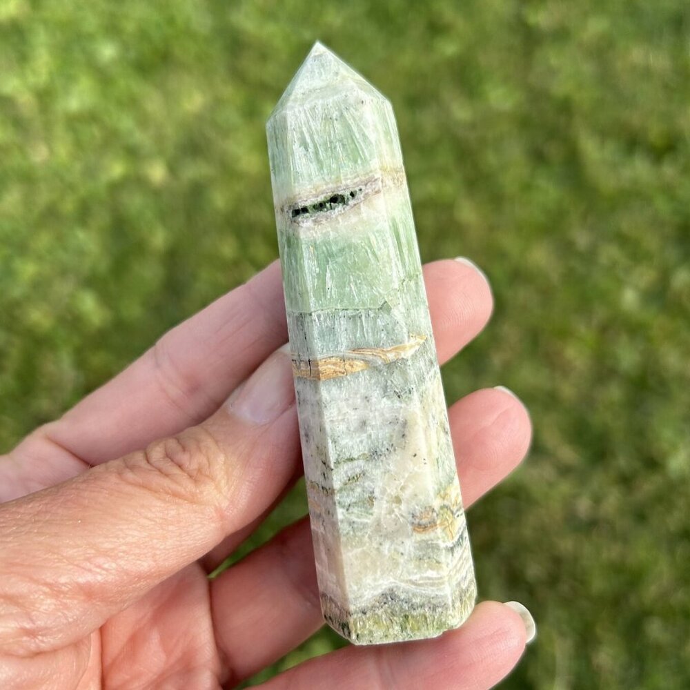 Banded Calcite Crystal Point Tower #1 - Carved Stone Wand Chakra Obelisk 3 5/8"
